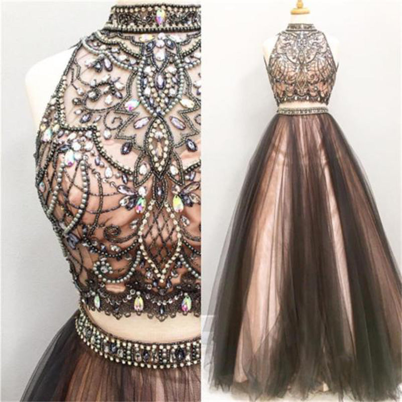 LP077  Crop Top High Neck Beaded Prom Gown For Girls ,Senior Formal Long Dresses