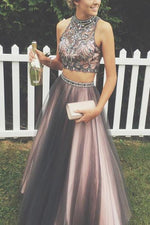 LP077  Crop Top High Neck Beaded Prom Gown For Girls ,Senior Formal Long Dresses