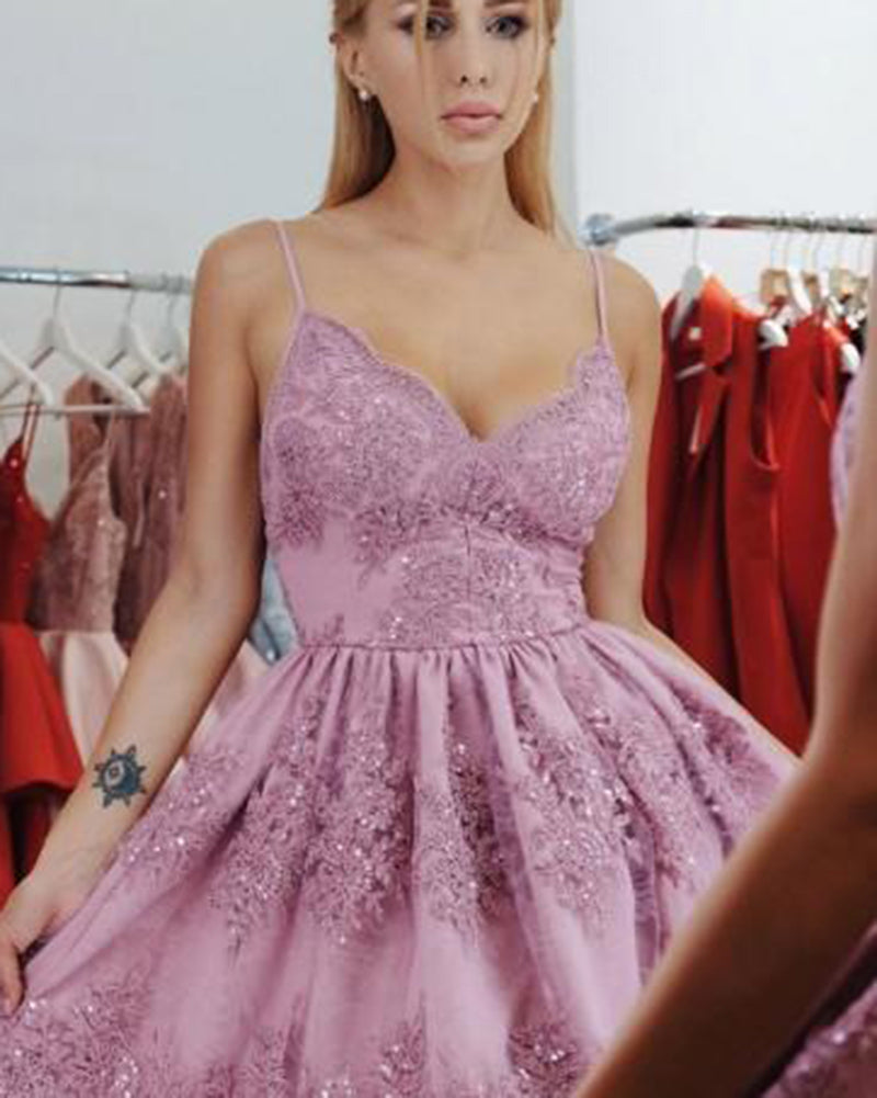 Sweet Short Pink Dress Lace Homecoming Dress With Straps SP322