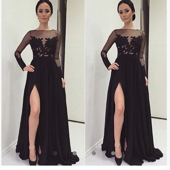 Stylish Long Sleeves Black Prom Dresses Illusion Long Party Evening Gown Lace with Sexy Slit LP6605