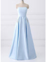 Strapless Girls Light Blue Graduation Prom Dresses Long with Beaded Pocket PL1784