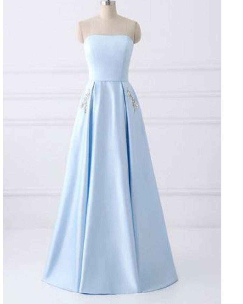 Strapless Girls Light Blue Graduation Prom Dresses Long with Beaded Pocket PL1784
