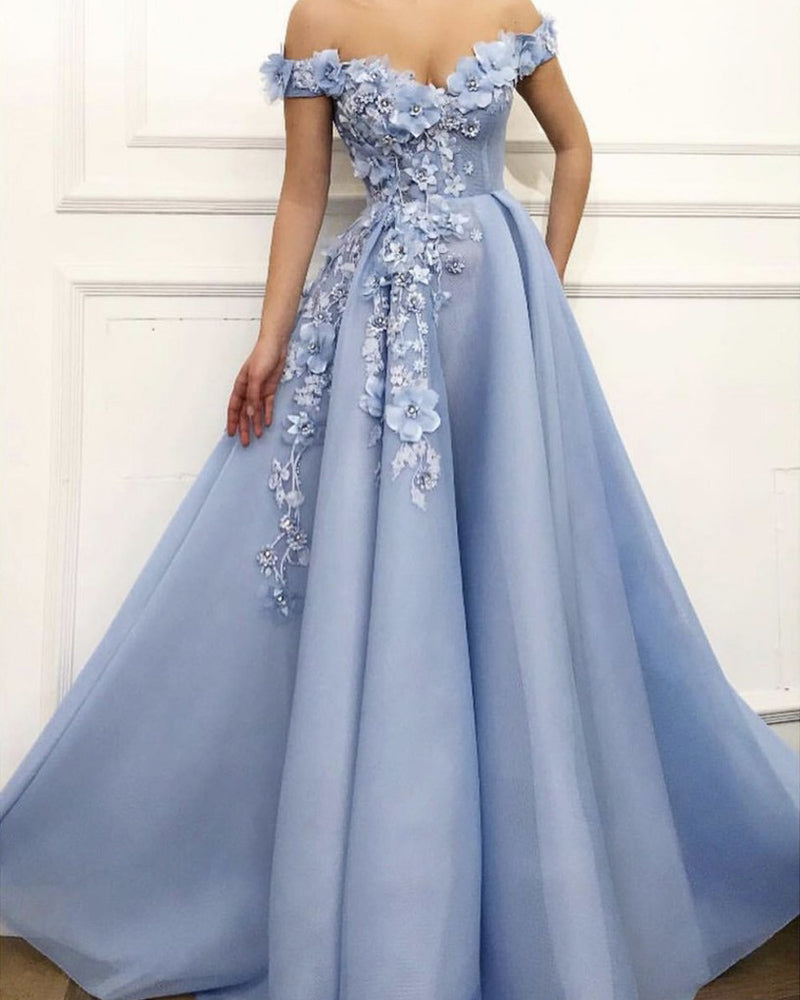 Sky blue prom dress off the shoulder formal dresses with handmade flow ...