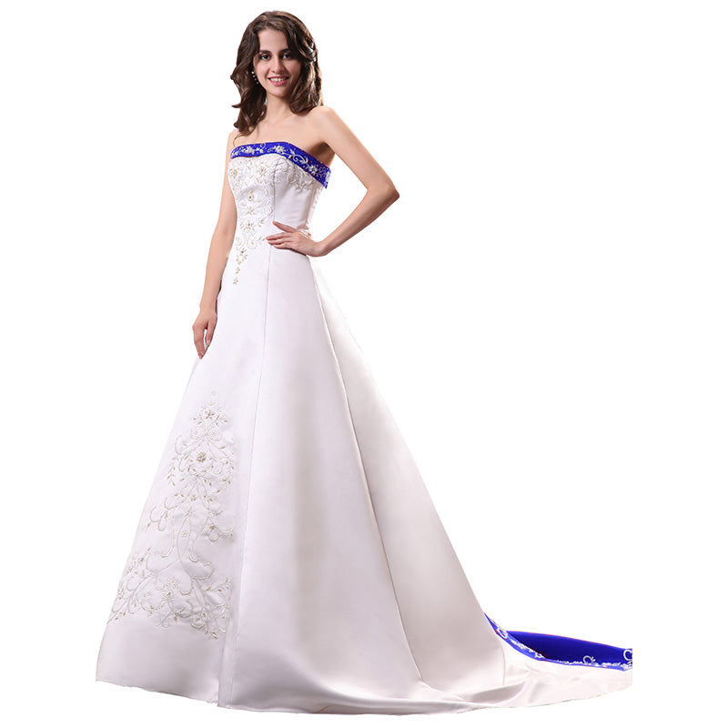 Unique Blue and White Wedding Dress A Line Satin Embroidery Beaded Bridal Dresses Robe De Mariee