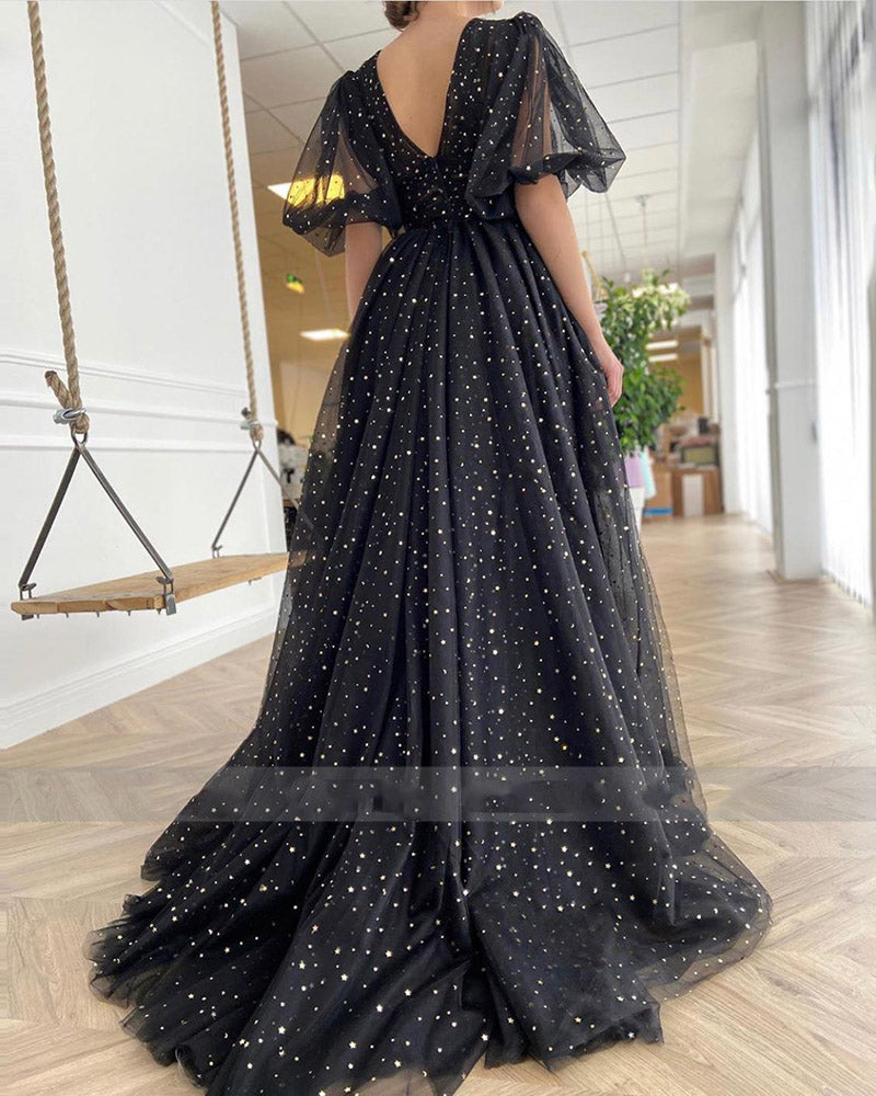 Black Starry Tulle Prom Dresses Sparkly V-Neck Half Puff Sleeves Ruched Wedding Party Dresses Slits Long A-Line Prom Gowns
