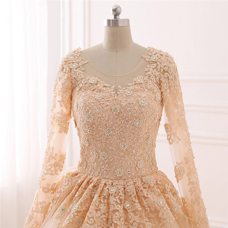 Champagne Vintage Wedding Dress Muslim Bridal Gown with Lace WD687