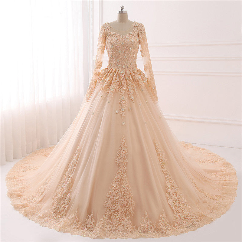 Champagne Vintage Wedding Dress Muslim Bridal Gown with Lace WD687