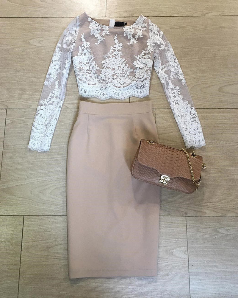 Siaoryne Two Pieces Knee Length Short Prom Party Dresses with Long Sleeves SP639