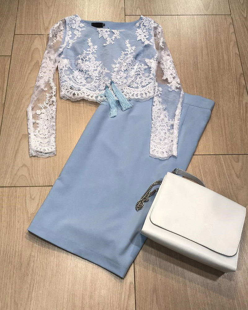 Siaoryne Two Pieces Knee Length Short Prom Party Dresses with Long Sleeves SP639