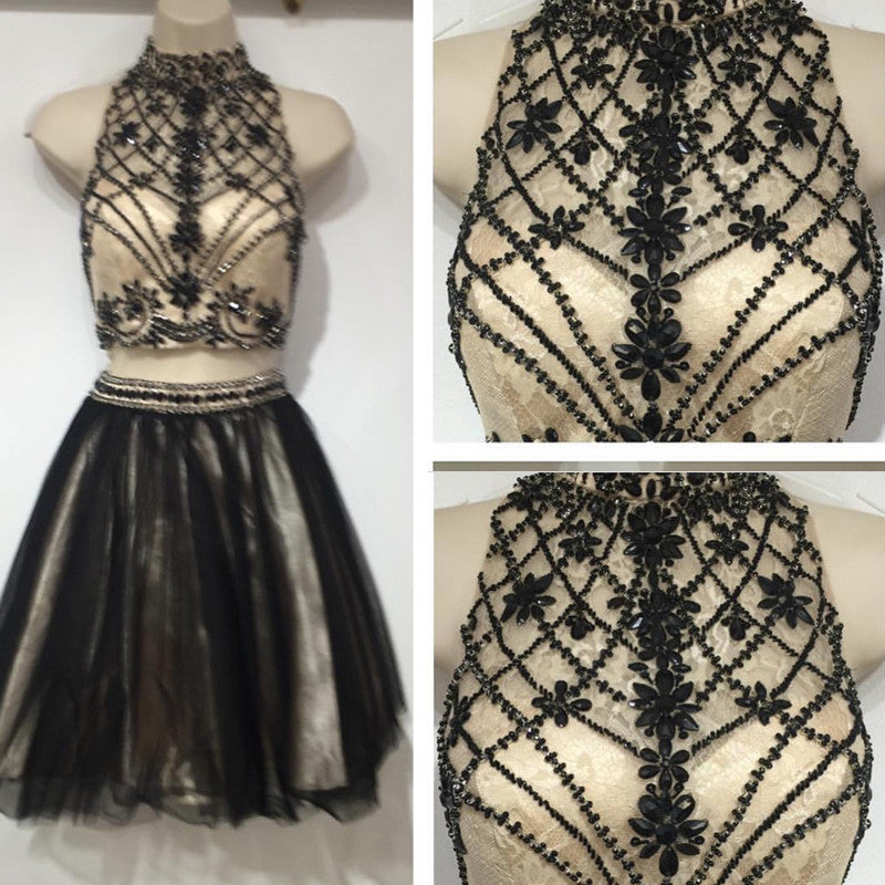 Siaoryne SP019 Vestidos de fiesta cortos de cuello alto en negro y champán con cuentas para graduación