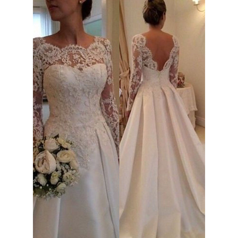 Siaoryne A Line Vestido de novia de manga larga de encaje 2017 Vestidos de novia sin espalda para novia Vestido De Noiva