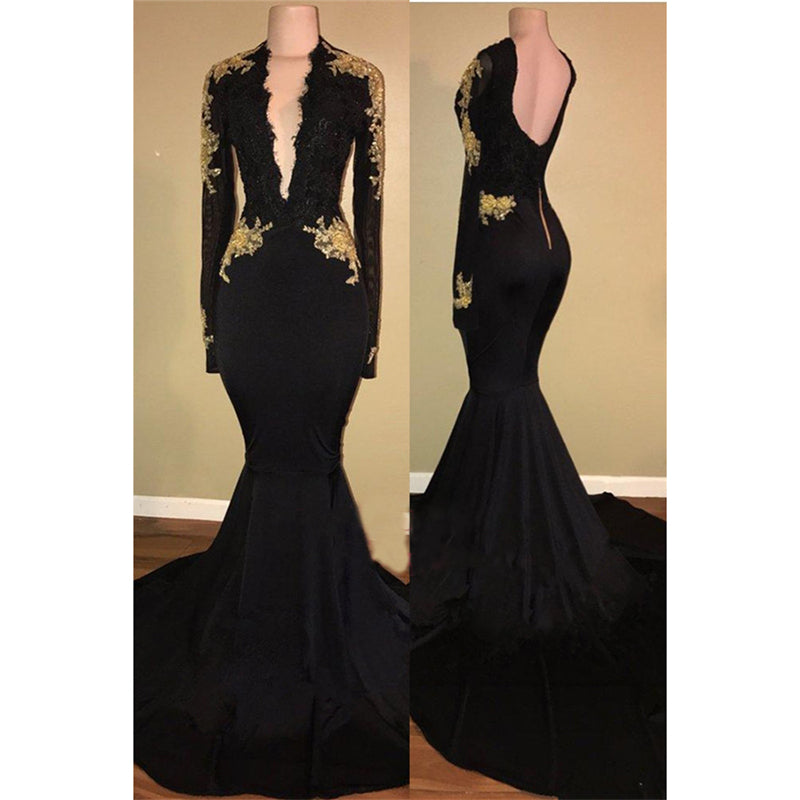 Long Sleeves Mermaid Evening Formal Gown Africa Black Prom Dresses with Gold Lace