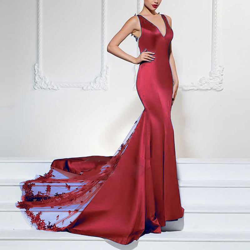 Burgundy Satin Lace Appliqued V Neck Mermaid Prom Dress Women Formal Evening Long Dresses