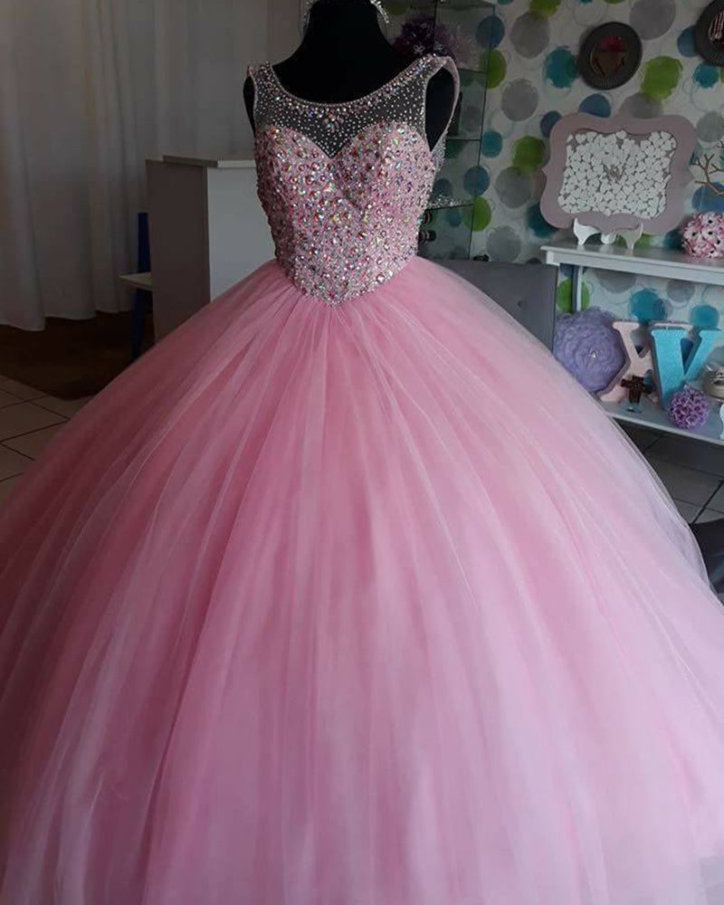 Siaoryne Amazing Pink Scoop Neck Girls Sweet Sixteen Prom Dresses Quinceanera Ball Gown with Beading PL7332
