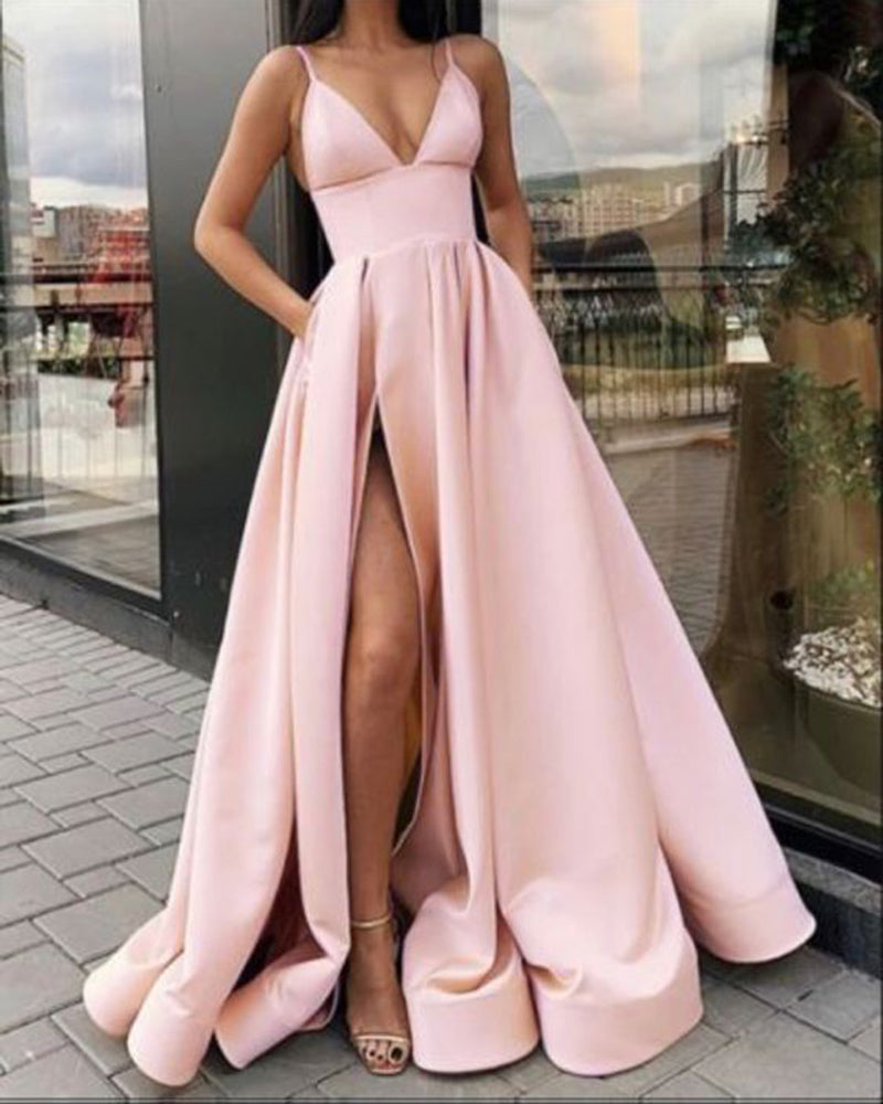 A-line Spaghetti Straps Pink Satin Evening Dress Y4728