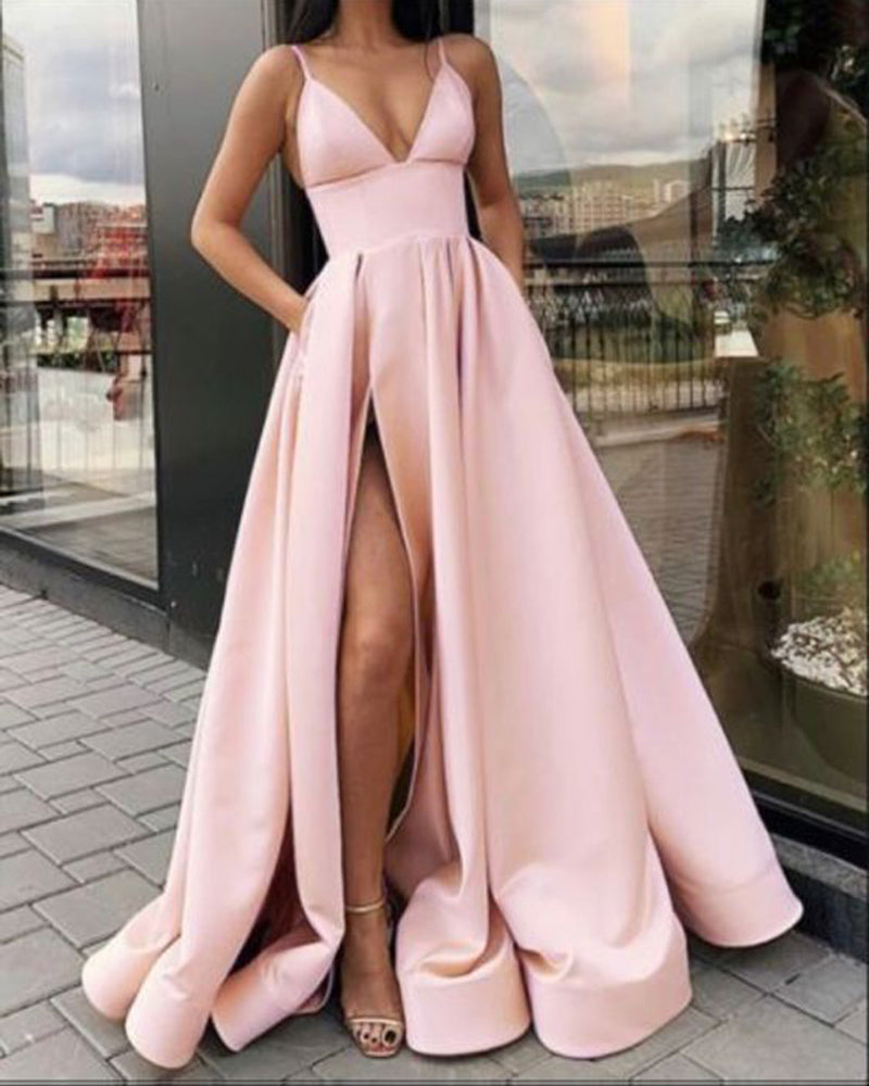 New  Spaghetti Straps Pink Evening Dress Gown Long with Slit PL098