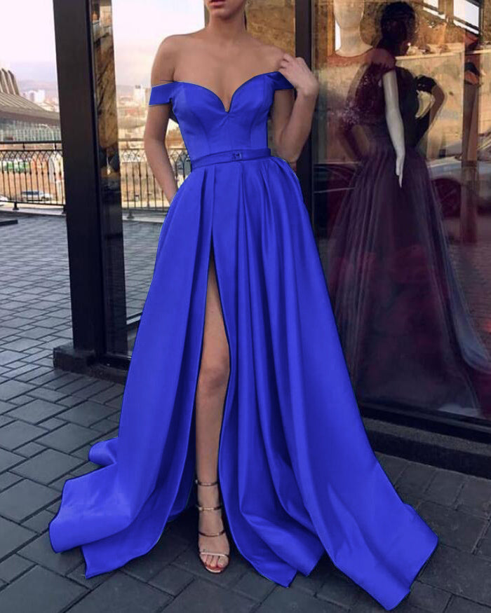 Vibrant Lemon Bright Yellow Off the Shoulder A Line High Slit Prom Dress Evening Long 2022