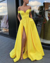 Vibrant Lemon Bright Yellow Off the Shoulder A Line High Slit Prom Dress Evening Long 2022