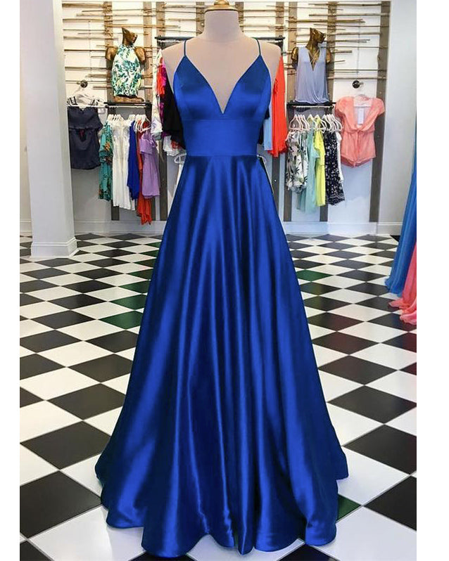 Ovlias Dazzling Blue Spaghetti Strap Split Satin Ribbon-tied Prom Dress LY0469
