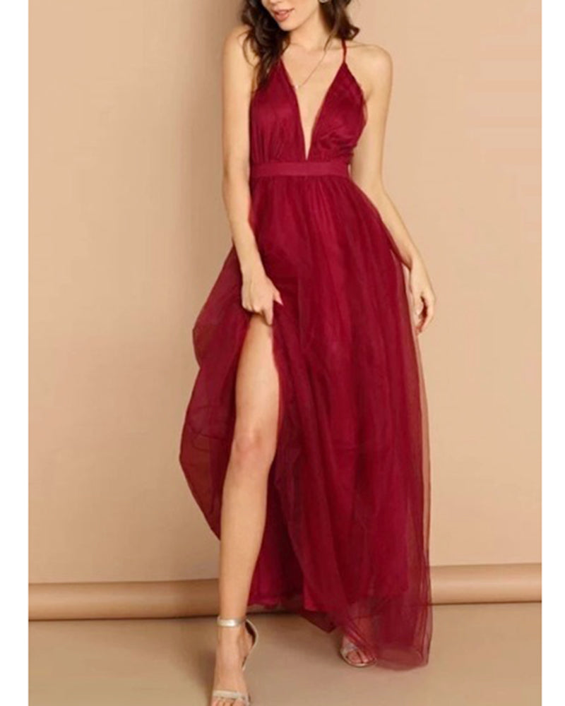 Wine Red Soft Tulle Sexy V Neck Long 2020 Evening Gowns Women Party Dress with Spaghetti Straps LP20170