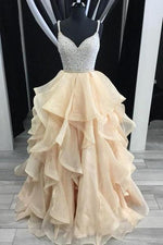Dreamy Spaghetti Cross Back Beading Tiered Organza Girls Senior Dresses 2020 Prom Beaded Graduation Gown