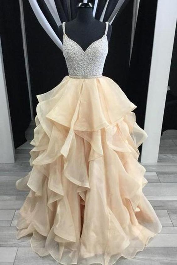 Dreamy Spaghetti Cross Back Beading Tiered Organza Girls Senior Dresses 2020 Prom Beaded Graduation Gown
