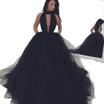 LP632 Black Prom Dress High Neck Puffy Ball Gown Formal Dress ,Backless Evening Dresses Long Party Gowns