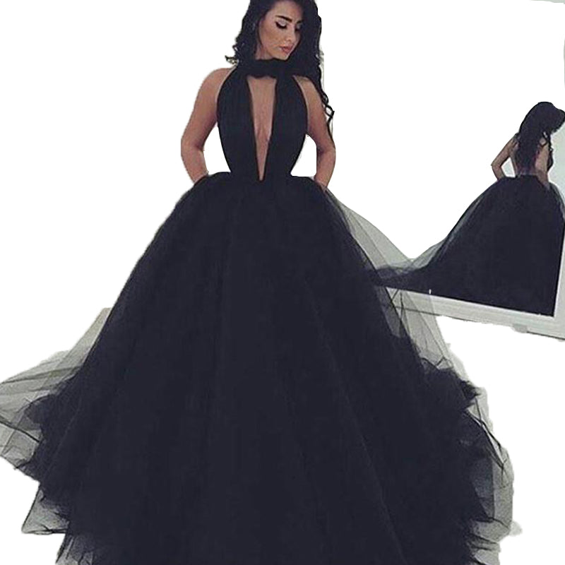 LP632 Black Prom Dress High Neck Puffy Ball Gown Formal Dress ,Backless Evening Dresses Long Party Gowns