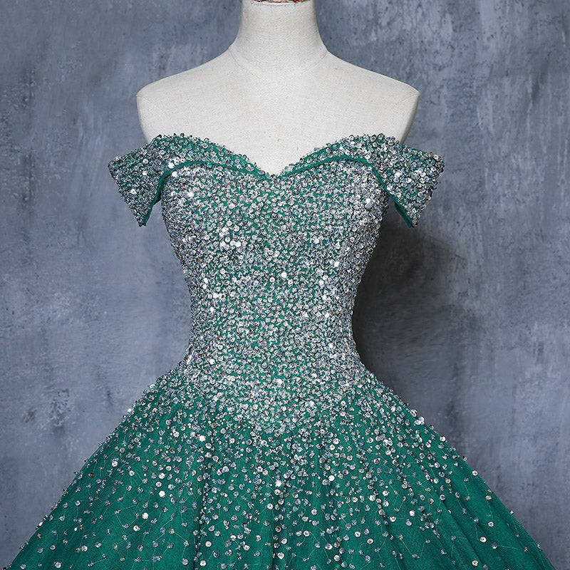 Sparkly Puffy Off the Shoulder Crystal Dark green Quinceanera DressesBall Gown  Prom Dress Ball Gown PL6211