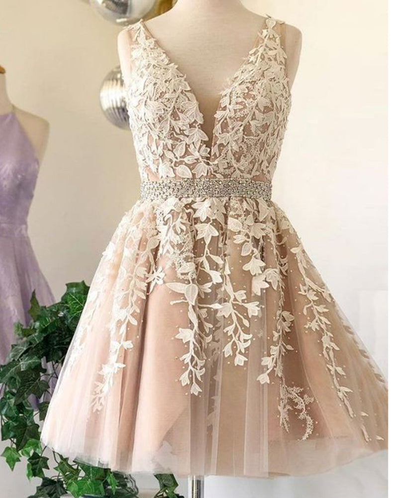 Siaoryne SP1111 V neck Short Lace Prom Dress Girls Junior Homecoming Gowns