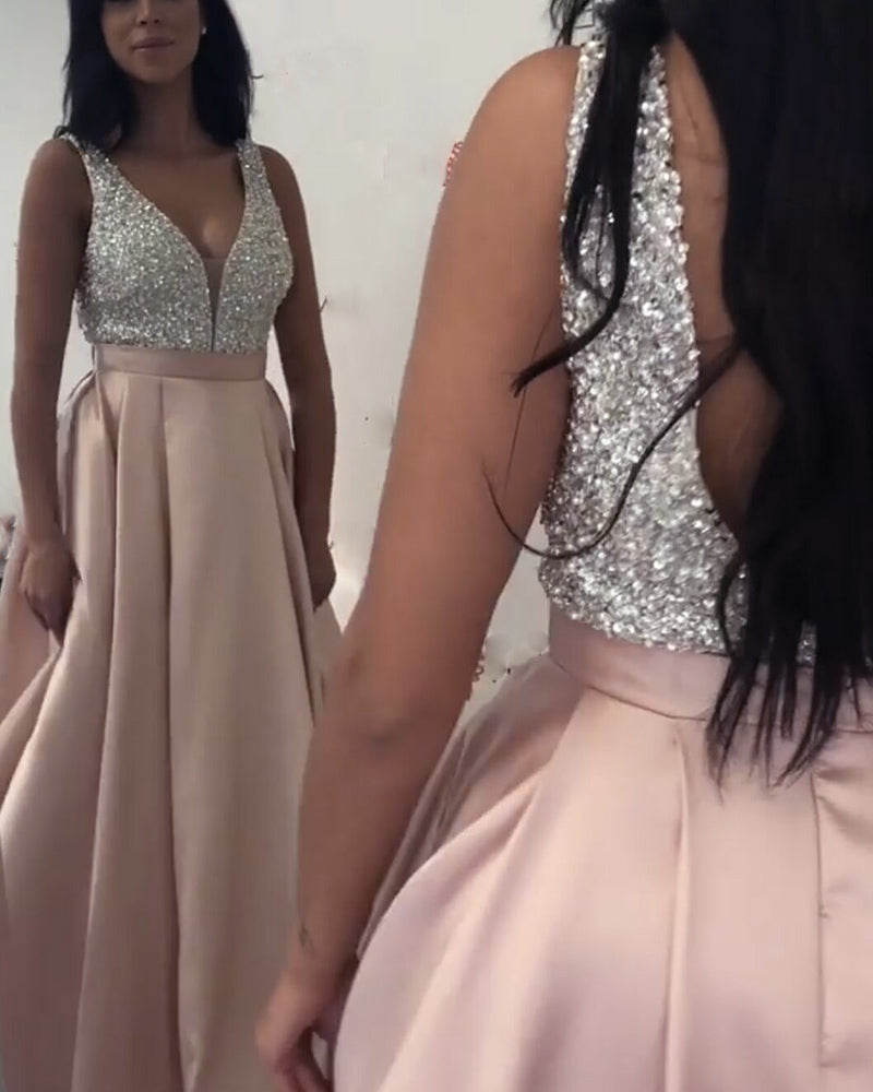 Elegant Pale Pink V Neck Long Women Evening Party Dresses Gala with Beading 2020 PL12301