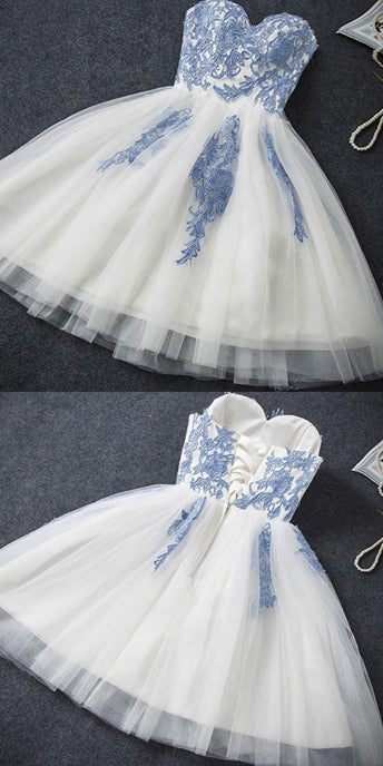 SP547 Chic Lace Ivory and Blue Short Prom Dress,Cocktail Party Gown,Semi formal Homecoming Dress