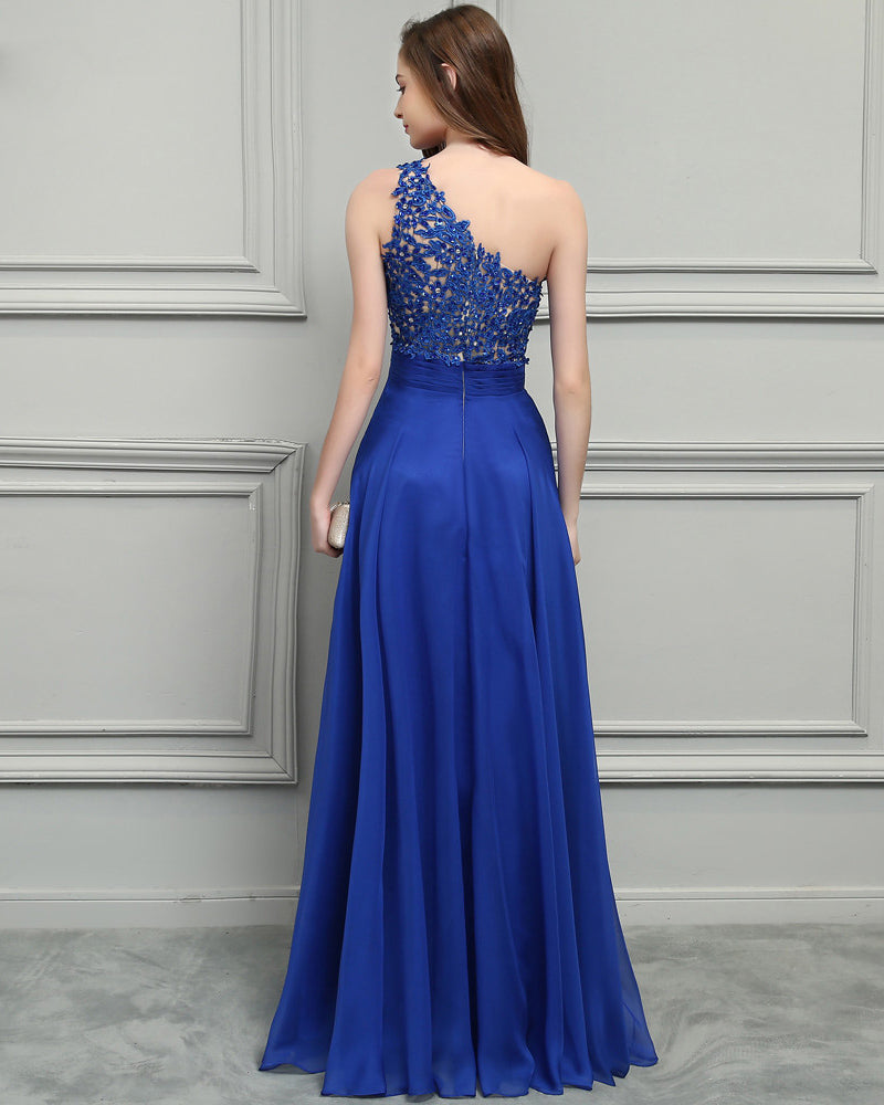 Siaoryne Black /Burgundy /Blue Elegant  One Shoulder Chiffon Lace Nude See Through Long Evening Gown 2020 PL12311