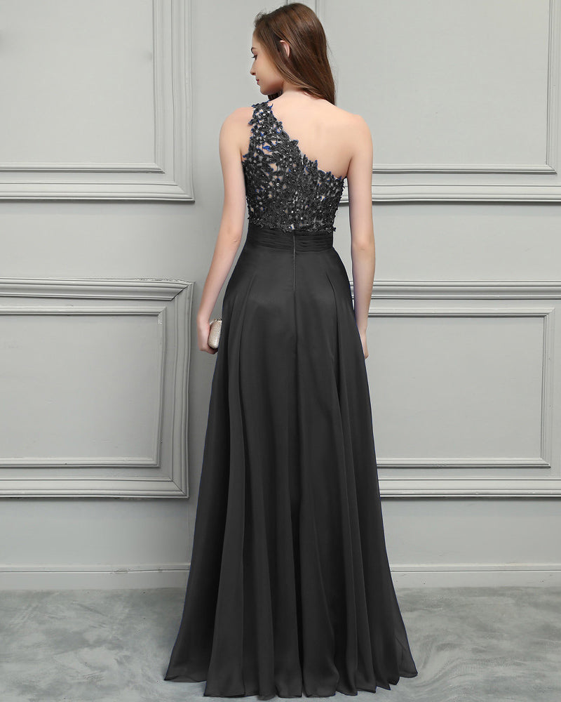 Siaoryne Black /Burgundy /Blue Elegant  One Shoulder Chiffon Lace Nude See Through Long Evening Gown 2020 PL12311