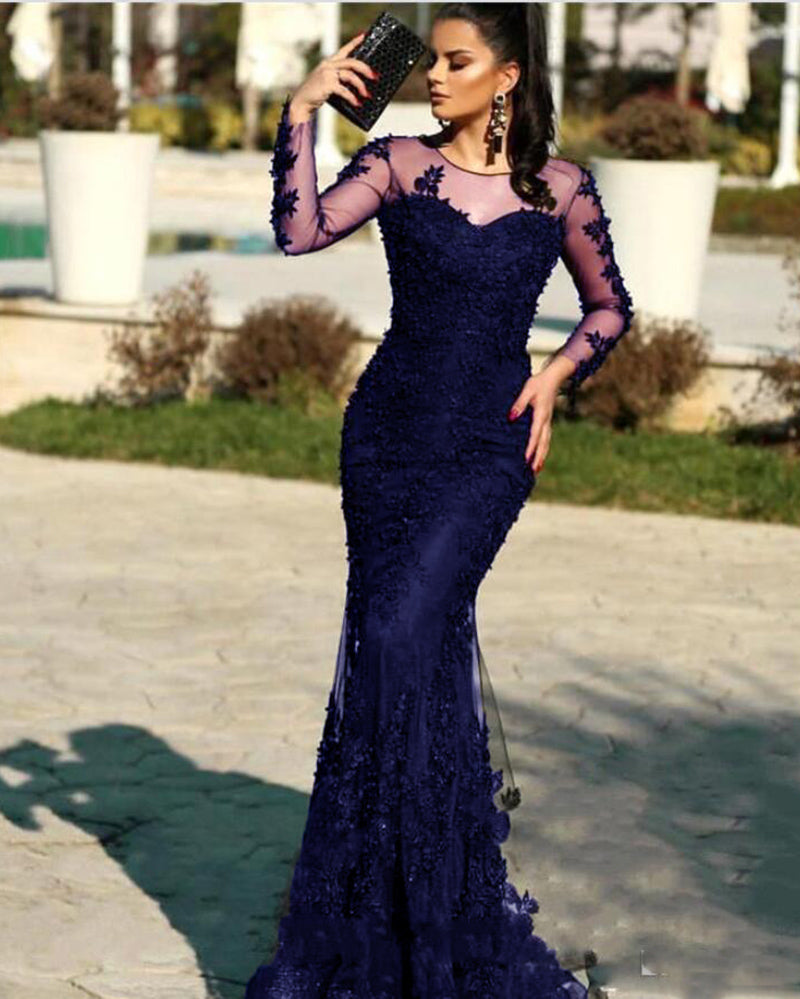 Vintage Burgundy /navy Blue / Black Long Sleeves Lace Mermaid Evening Prom Dresses 2020 Appliques Sweep Train Formal Party Gowns