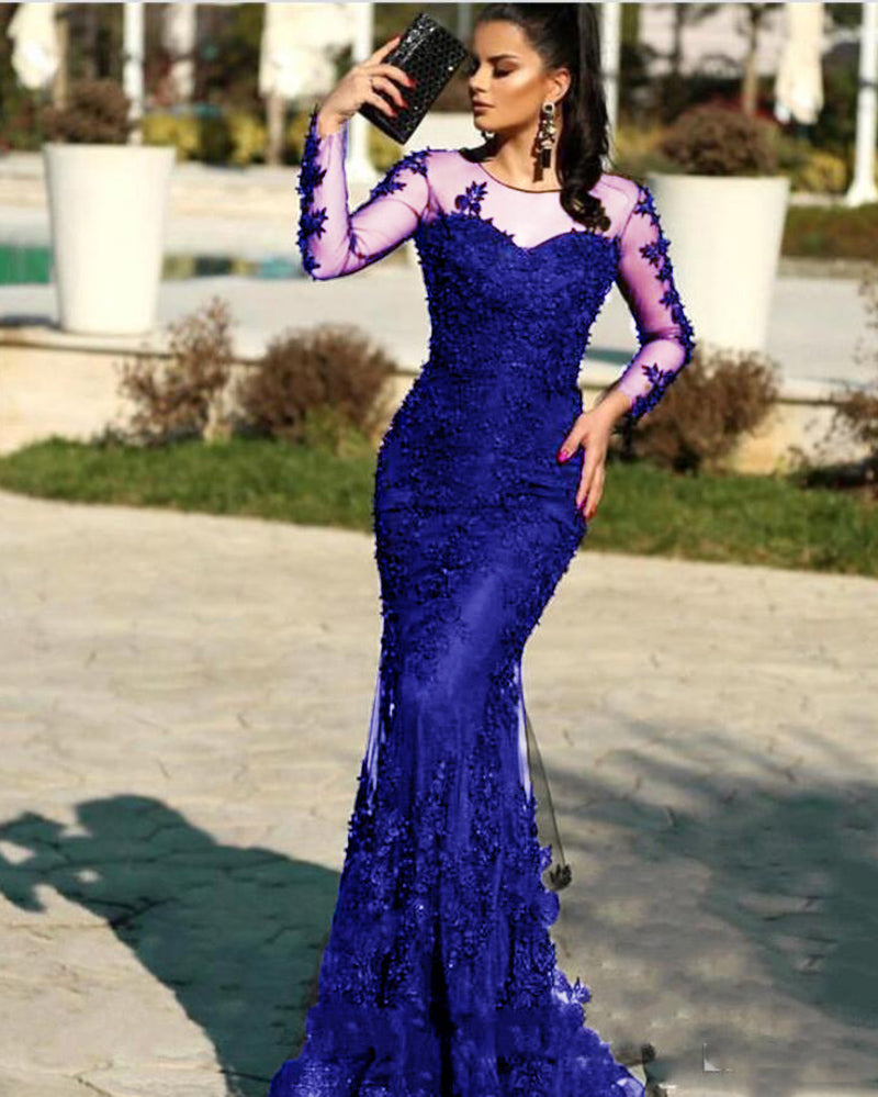 Vintage Burgundy /navy Blue / Black Long Sleeves Lace Mermaid Evening Prom Dresses 2020 Appliques Sweep Train Formal Party Gowns