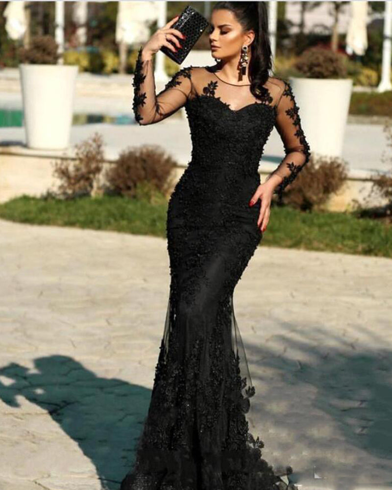Vintage Burgundy /navy Blue / Black Long Sleeves Lace Mermaid Evening Prom Dresses 2020 Appliques Sweep Train Formal Party Gowns