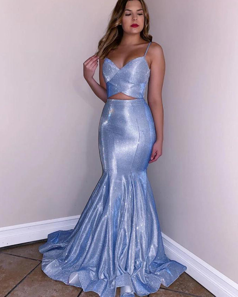 Shinning Blue Crop top Mermaid /Trumpet Prom Dress Long Evening Formal Outfit 2020 LP1111