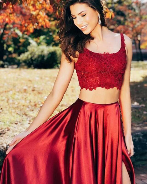 LP1114 Stylish Dark  Crop Top 2 Pieces Red U Neck lace High Slit dress fro Prom Long Evening Formal Gowns