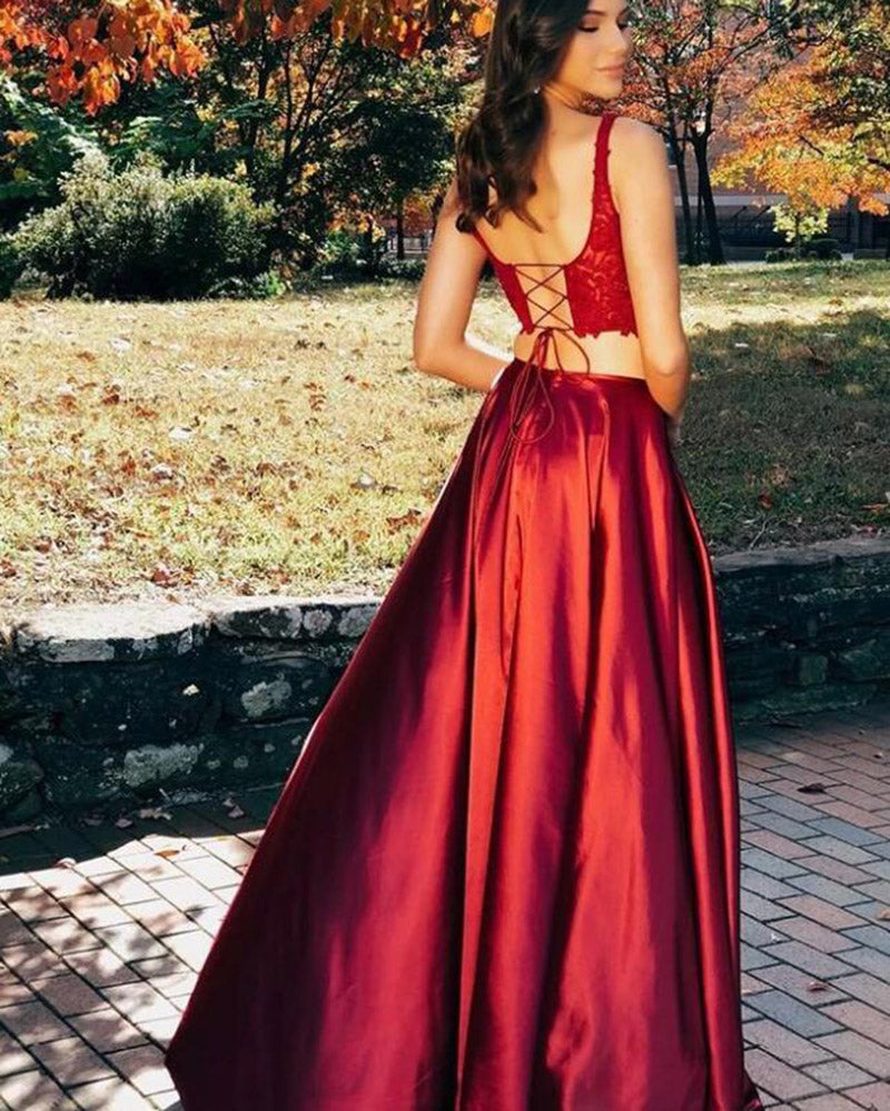 LP1114 Stylish Dark  Crop Top 2 Pieces Red U Neck lace High Slit dress fro Prom Long Evening Formal Gowns