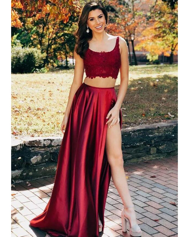 LP1114 Elegante top corto oscuro de 2 piezas, vestido rojo con escote en U y encaje con abertura alta para baile de graduación, vestidos formales de noche largos