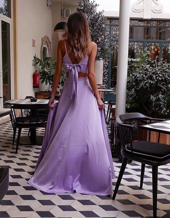 Lilac Purple Crop Top Two Pieces New Prom Dress Long Graduation Vestidos Longo LP1112
