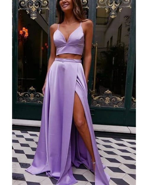 Lilac Purple Crop Top Two Pieces New Prom Dress Long Graduation Vestidos Longo LP1112