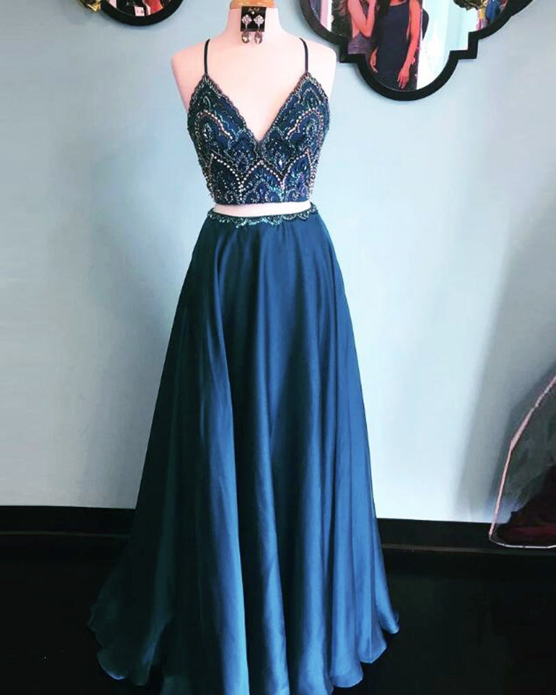 LP1113 Crop Top Spaghetti Straps Navy Blue Evening Prom Dress Long Graduation Gown with Beading Two Pieces Out fit sets
