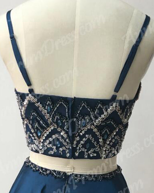LP1113 Crop Top Spaghetti Straps Navy Blue Evening Prom Dress Long Graduation Gown with Beading Two Pieces Out fit sets