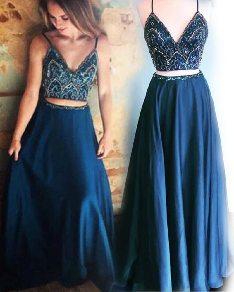 LP1113 Crop Top Spaghetti Straps Navy Blue Evening Prom Dress Long Graduation Gown with Beading Two Pieces Out fit sets