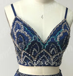 LP1113 Crop Top Spaghetti Straps Navy Blue Evening Prom Dress Long Graduation Gown with Beading Two Pieces Out fit sets