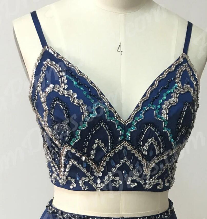 LP1113 Crop Top Spaghetti Straps Navy Blue Evening Prom Dress Long Graduation Gown with Beading Two Pieces Out fit sets