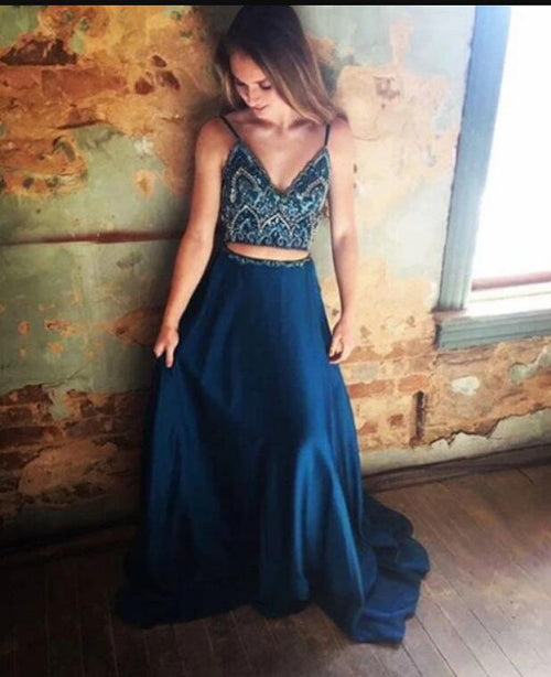 LP1113 Crop Top Spaghetti Straps Navy Blue Evening Prom Dress Long Graduation Gown with Beading Two Pieces Out fit sets