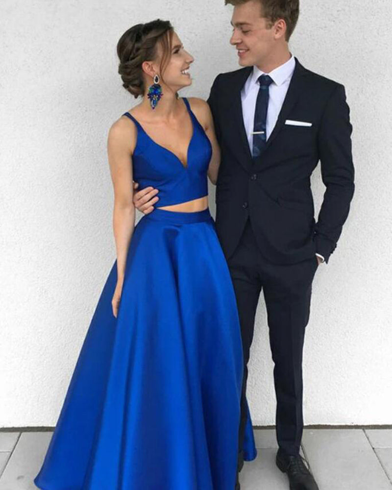 Siaoryne Royal Blue Satin A Line Crop Top 2 Pieces Long Evening Gown Girls 2020 Prom Dress with Straps  LP20111